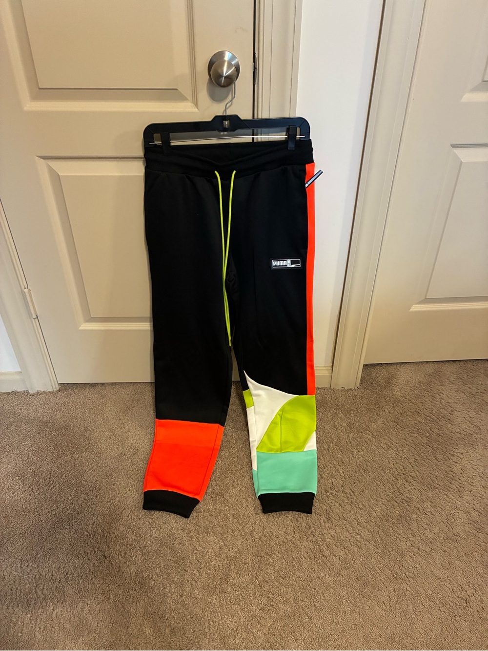 Puma Black Sweatpants with Neon Orange, Lime and Mint Colorblock
